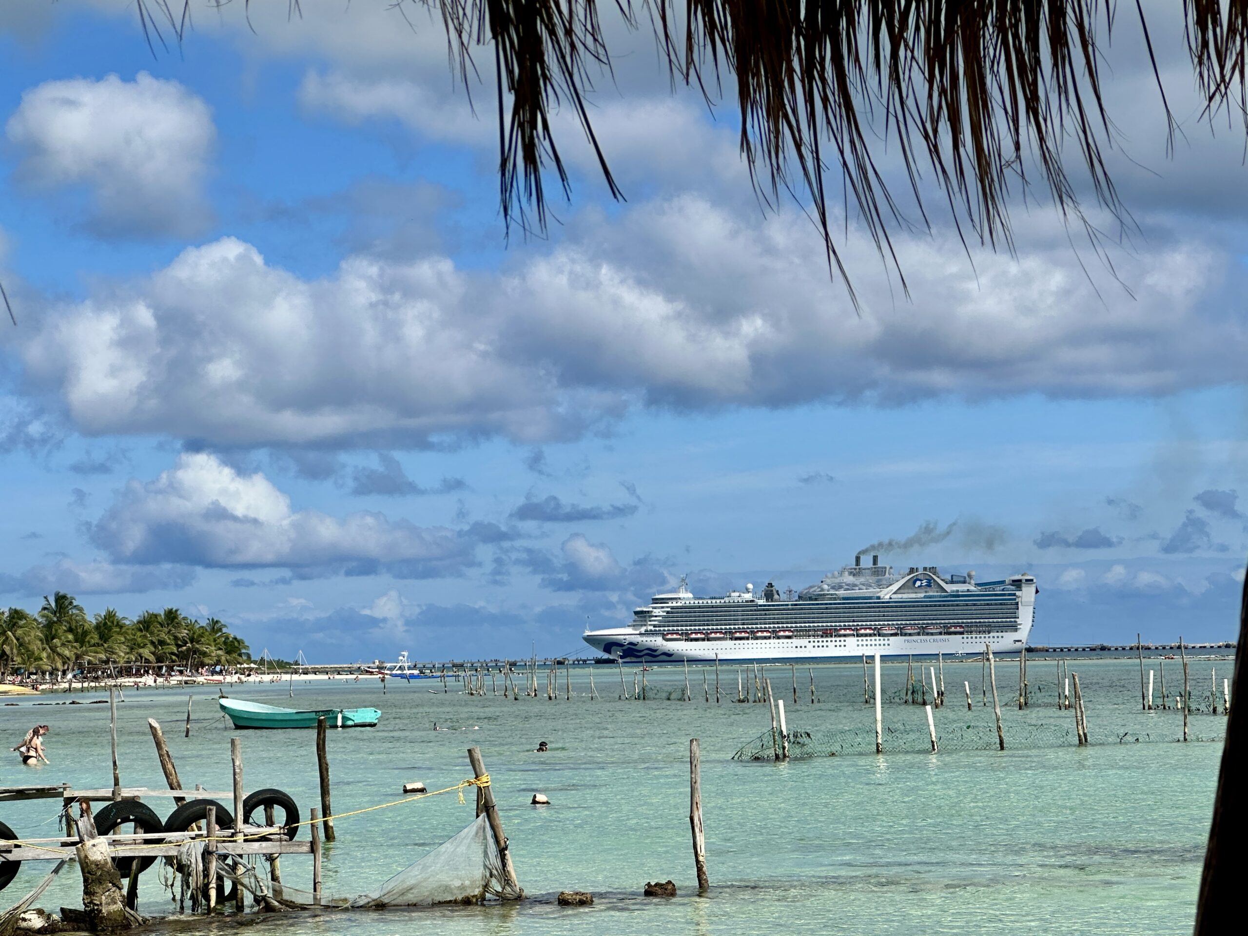 A Princess Cruises ship framed by palm thatch at a Caribbean port — turquoise water and beach in the foreground