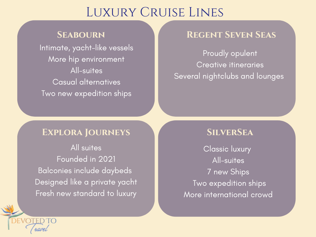 Luxury Cruise Lines — Regent Seven Seas, Silversea, Seabourn, Explora Journeys