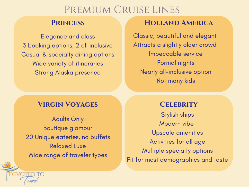 Premium Cruise Lines — Princess, Holland America, Virgin Voyages, Celebrity